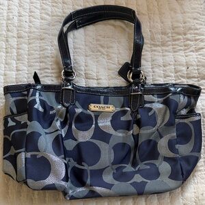 COACH Navy and Silver Signature Tote with Metallic Logo Plate